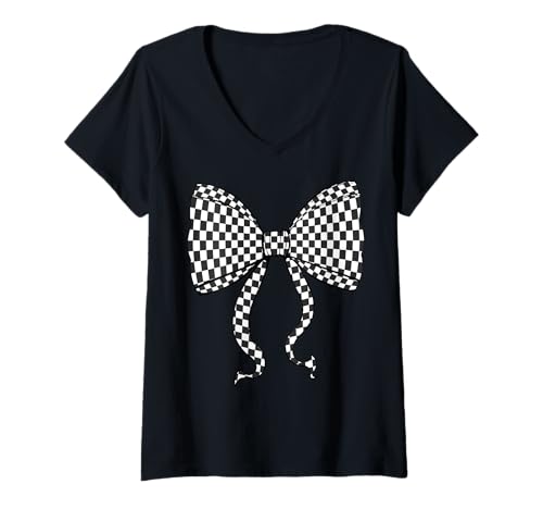 Damen Kariertes Schachbrett Schwarz Weiß Muster Mädchen Kokette Schleife T-Shirt mit V-Ausschnitt von Womens Coquette Bow Checkerboard Pattern Gifts