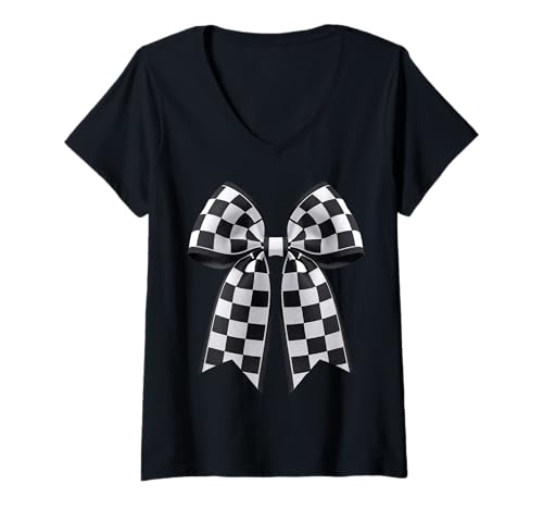 Damen Kariertes Schachbrett Schwarz Weiß Muster Mädchen Kokette Schleife T-Shirt mit V-Ausschnitt von Womens Coquette Bow Checkerboard Pattern Gifts