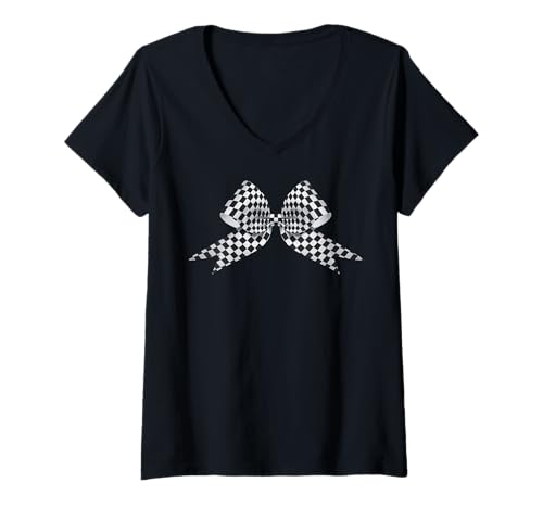 Damen Kariertes Schachbrett Schwarz Weiß Muster Mädchen Kokette Schleife T-Shirt mit V-Ausschnitt von Womens Coquette Bow Checkerboard Pattern Gifts