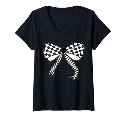 Damen Kariertes Schachbrett Schwarz Weiß Muster Mädchen Kokette Schleife T-Shirt mit V-Ausschnitt von Womens Coquette Bow Checkerboard Pattern Gifts