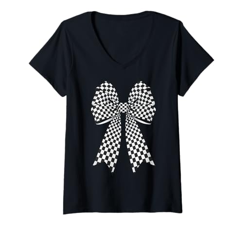 Damen Kariertes Schachbrett Schwarz Weiß Muster Mädchen Kokette Schleife T-Shirt mit V-Ausschnitt von Womens Coquette Bow Checkerboard Pattern Gifts