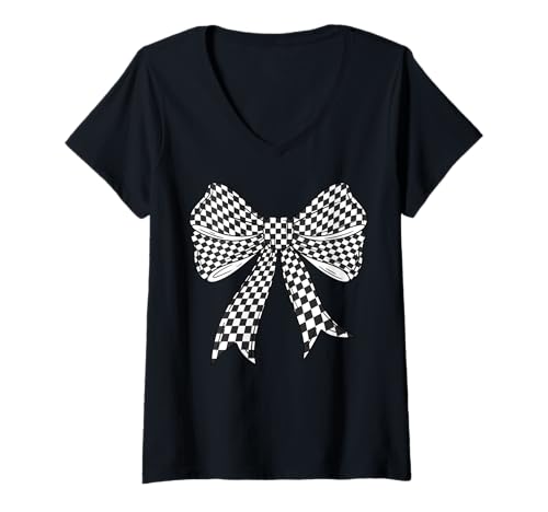 Damen Kariertes Schachbrett Schwarz Weiß Muster Mädchen Kokette Schleife T-Shirt mit V-Ausschnitt von Womens Coquette Bow Checkerboard Pattern Gifts