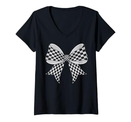 Damen Kariertes Schachbrett Schwarz Weiß Muster Mädchen Kokette Schleife T-Shirt mit V-Ausschnitt von Womens Coquette Bow Checkerboard Pattern Gifts