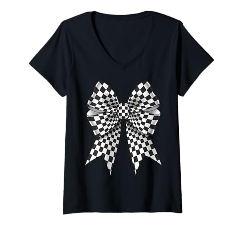 Damen Kariertes Schachbrett Schwarz Weiß Muster Mädchen Kokette Schleife T-Shirt mit V-Ausschnitt von Womens Coquette Bow Checkerboard Pattern Gifts