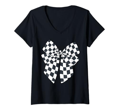 Damen Kariertes Schachbrett Schwarz Weiß Muster Mädchen Kokette Schleife T-Shirt mit V-Ausschnitt von Womens Coquette Bow Checkerboard Pattern Gifts