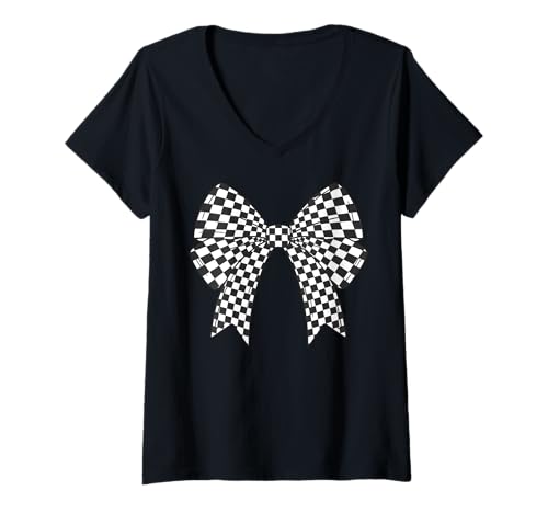 Damen Kariertes Schachbrett Schwarz Weiß Muster Mädchen Kokette Schleife T-Shirt mit V-Ausschnitt von Womens Coquette Bow Checkerboard Pattern Gifts