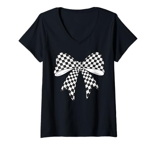 Damen Kariertes Schachbrett Schwarz Weiß Muster Mädchen Kokette Schleife T-Shirt mit V-Ausschnitt von Womens Coquette Bow Checkerboard Pattern Gifts