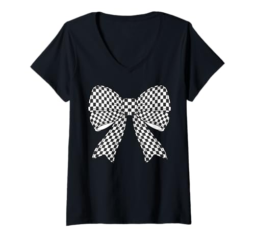 Damen Kariertes Schachbrett Schwarz Weiß Muster Mädchen Kokette Schleife T-Shirt mit V-Ausschnitt von Womens Coquette Bow Checkerboard Pattern Gifts