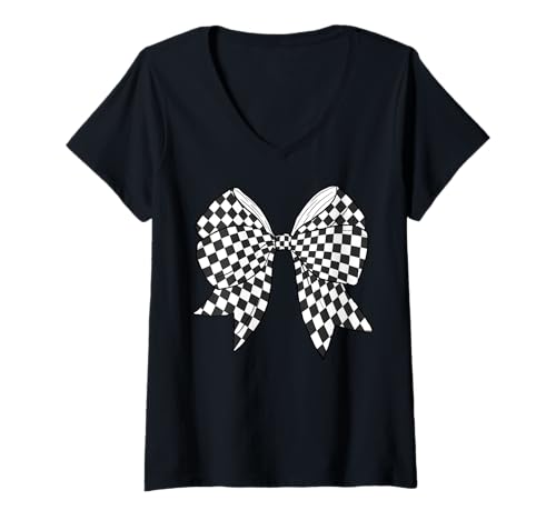 Damen Kariertes Schachbrett Schwarz Weiß Muster Mädchen Kokette Schleife T-Shirt mit V-Ausschnitt von Womens Coquette Bow Checkerboard Pattern Gifts