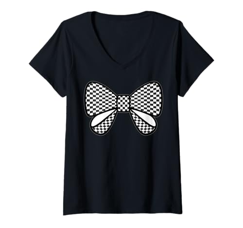 Damen Kariertes Schachbrett Schwarz Weiß Muster Mädchen Kokette Schleife T-Shirt mit V-Ausschnitt von Womens Coquette Bow Checkerboard Pattern Gifts