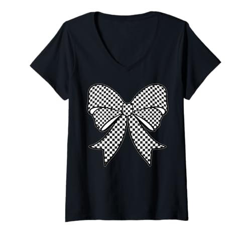 Damen Kariertes Schachbrett Schwarz Weiß Muster Mädchen Kokette Schleife T-Shirt mit V-Ausschnitt von Womens Coquette Bow Checkerboard Pattern Gifts