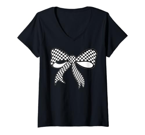 Damen Kariertes Schachbrett Schwarz Weiß Muster Mädchen Kokette Schleife T-Shirt mit V-Ausschnitt von Womens Coquette Bow Checkerboard Pattern Gifts
