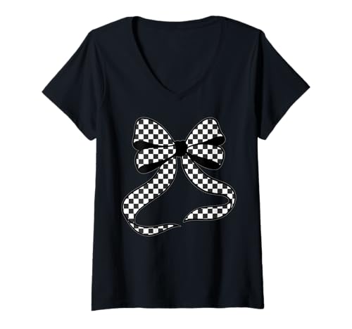 Damen Kariertes Schachbrett Schwarz Weiß Muster Mädchen Kokette Schleife T-Shirt mit V-Ausschnitt von Womens Coquette Bow Checkerboard Pattern Gifts