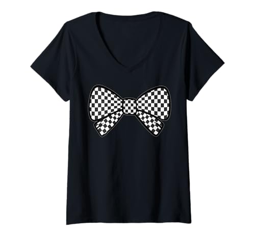 Damen Kariertes Schachbrett Schwarz Weiß Muster Mädchen Kokette Schleife T-Shirt mit V-Ausschnitt von Womens Coquette Bow Checkerboard Pattern Gifts