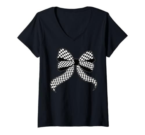 Damen Kariertes Schachbrett Schwarz Weiß Muster Mädchen Kokette Schleife T-Shirt mit V-Ausschnitt von Womens Coquette Bow Checkerboard Pattern Gifts