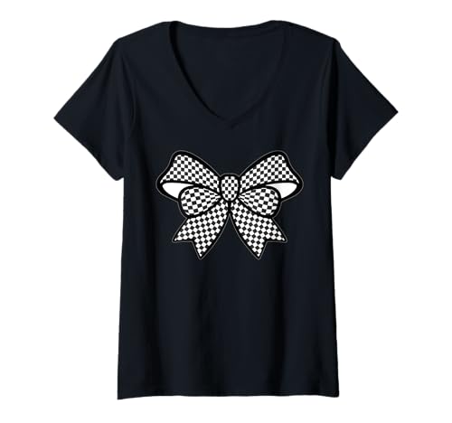 Damen Kariertes Schachbrett Schwarz Weiß Muster Mädchen Kokette Schleife T-Shirt mit V-Ausschnitt von Womens Coquette Bow Checkerboard Pattern Gifts