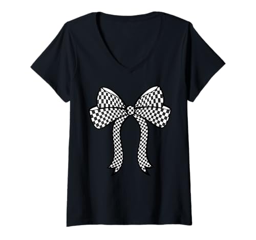Damen Kariertes Schachbrett Schwarz Weiß Muster Mädchen Kokette Schleife T-Shirt mit V-Ausschnitt von Womens Coquette Bow Checkerboard Pattern Gifts