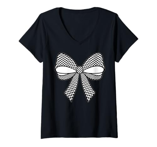 Damen Kariertes Schachbrett Schwarz Weiß Muster Mädchen Kokette Schleife T-Shirt mit V-Ausschnitt von Womens Coquette Bow Checkerboard Pattern Gifts