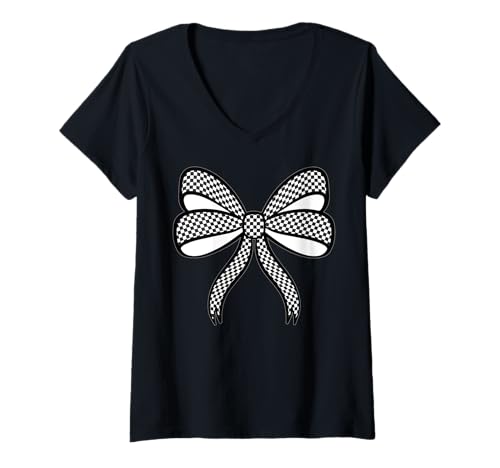 Damen Kariertes Schachbrett Schwarz Weiß Muster Mädchen Kokette Schleife T-Shirt mit V-Ausschnitt von Womens Coquette Bow Checkerboard Pattern Gifts