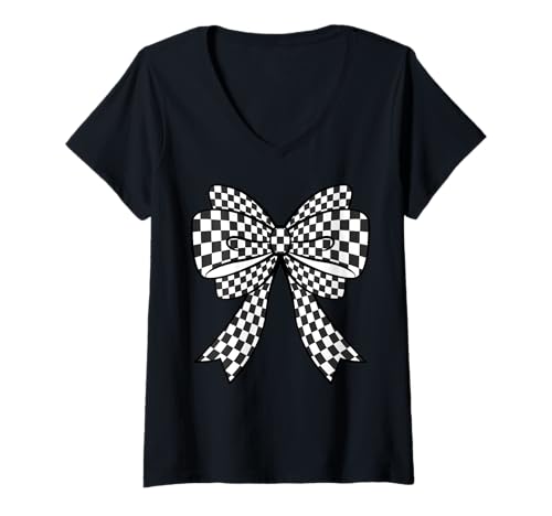 Damen Kariertes Schachbrett Schwarz Weiß Muster Mädchen Kokette Schleife T-Shirt mit V-Ausschnitt von Womens Coquette Bow Checkerboard Pattern Gifts