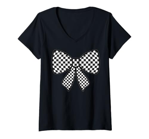 Damen Kariertes Schachbrett Schwarz Weiß Muster Mädchen Kokette Schleife T-Shirt mit V-Ausschnitt von Womens Coquette Bow Checkerboard Pattern Gifts
