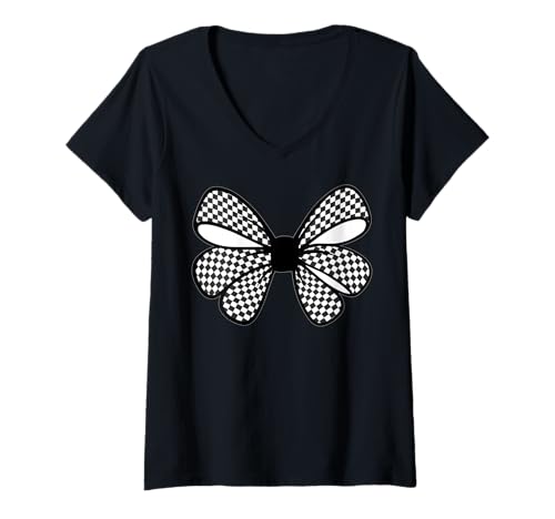 Damen Kariertes Schachbrett Schwarz Weiß Muster Mädchen Kokette Schleife T-Shirt mit V-Ausschnitt von Womens Coquette Bow Checkerboard Pattern Gifts