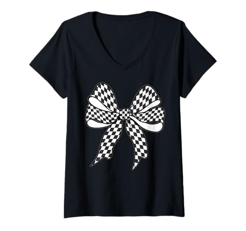 Damen Kariertes Schachbrett Schwarz Weiß Muster Mädchen Kokette Schleife T-Shirt mit V-Ausschnitt von Womens Coquette Bow Checkerboard Pattern Gifts