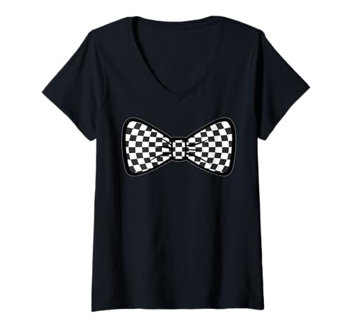 Damen Kariertes Schachbrett Schwarz Weiß Muster Mädchen Kokette Schleife T-Shirt mit V-Ausschnitt von Womens Coquette Bow Checkerboard Pattern Gifts