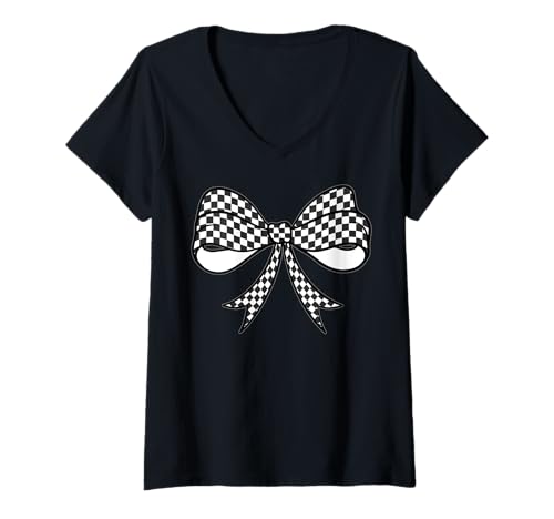 Damen Kariertes Schachbrett Schwarz Weiß Muster Mädchen Kokette Schleife T-Shirt mit V-Ausschnitt von Womens Coquette Bow Checkerboard Pattern Gifts
