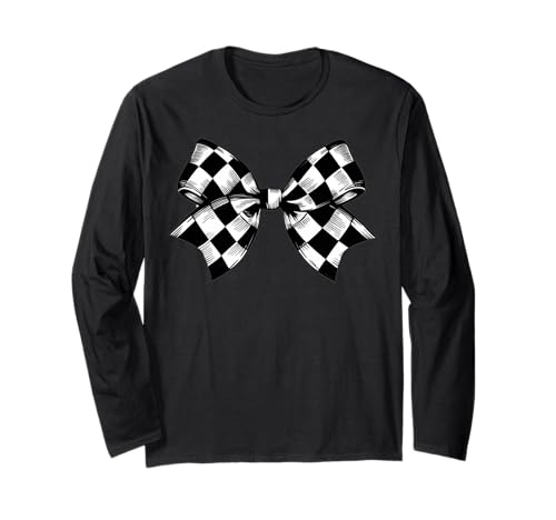 Kariertes Schachbrett Schwarz Weiß Muster Mädchen Kokette Schleife Langarmshirt von Womens Coquette Bow Checkerboard Pattern Gifts