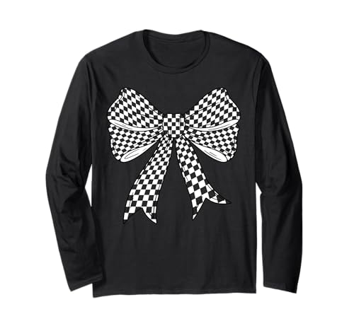 Kariertes Schachbrett Schwarz Weiß Muster Mädchen Kokette Schleife Langarmshirt von Womens Coquette Bow Checkerboard Pattern Gifts