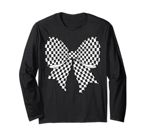 Kariertes Schachbrett Schwarz Weiß Muster Mädchen Kokette Schleife Langarmshirt von Womens Coquette Bow Checkerboard Pattern Gifts