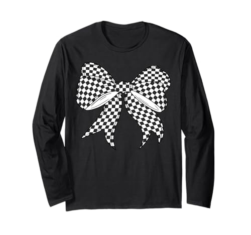 Kariertes Schachbrett Schwarz Weiß Muster Mädchen Kokette Schleife Langarmshirt von Womens Coquette Bow Checkerboard Pattern Gifts