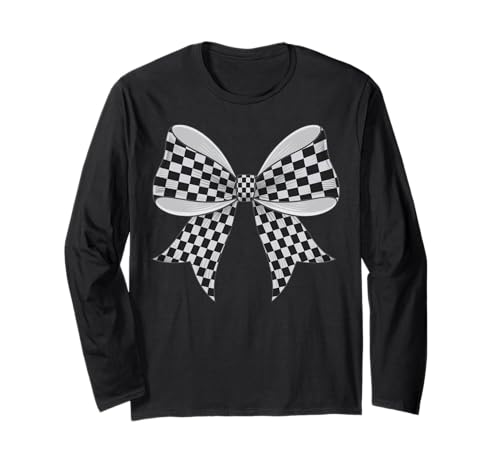Kariertes Schachbrett Schwarz Weiß Muster Mädchen Kokette Schleife Langarmshirt von Womens Coquette Bow Checkerboard Pattern Gifts