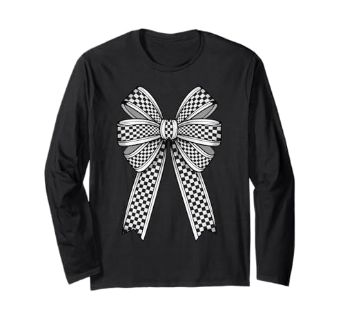 Kariertes Schachbrett Schwarz Weiß Muster Mädchen Kokette Schleife Langarmshirt von Womens Coquette Bow Checkerboard Pattern Gifts