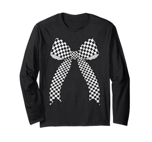 Kariertes Schachbrett Schwarz Weiß Muster Mädchen Kokette Schleife Langarmshirt von Womens Coquette Bow Checkerboard Pattern Gifts
