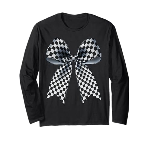 Kariertes Schachbrett Schwarz Weiß Muster Mädchen Kokette Schleife Langarmshirt von Womens Coquette Bow Checkerboard Pattern Gifts