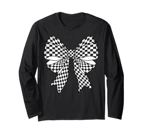 Kariertes Schachbrett Schwarz Weiß Muster Mädchen Kokette Schleife Langarmshirt von Womens Coquette Bow Checkerboard Pattern Gifts