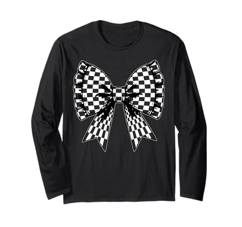 Kariertes Schachbrett Schwarz Weiß Muster Mädchen Kokette Schleife Langarmshirt von Womens Coquette Bow Checkerboard Pattern Gifts