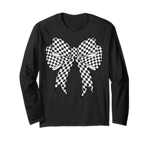 Kariertes Schachbrett Schwarz Weiß Muster Mädchen Kokette Schleife Langarmshirt von Womens Coquette Bow Checkerboard Pattern Gifts