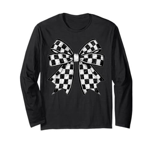 Kariertes Schachbrett Schwarz Weiß Muster Mädchen Kokette Schleife Langarmshirt von Womens Coquette Bow Checkerboard Pattern Gifts
