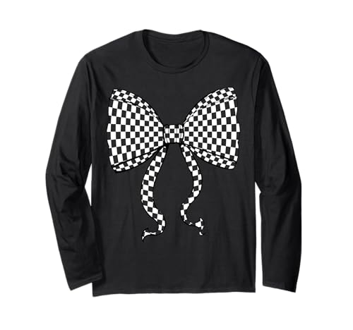 Kariertes Schachbrett Schwarz Weiß Muster Mädchen Kokette Schleife Langarmshirt von Womens Coquette Bow Checkerboard Pattern Gifts