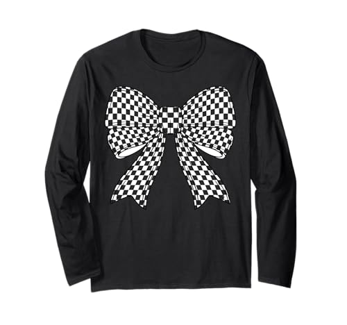 Kariertes Schachbrett Schwarz Weiß Muster Mädchen Kokette Schleife Langarmshirt von Womens Coquette Bow Checkerboard Pattern Gifts