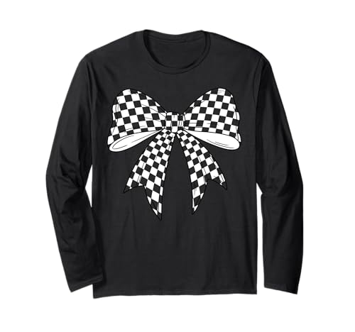 Kariertes Schachbrett Schwarz Weiß Muster Mädchen Kokette Schleife Langarmshirt von Womens Coquette Bow Checkerboard Pattern Gifts