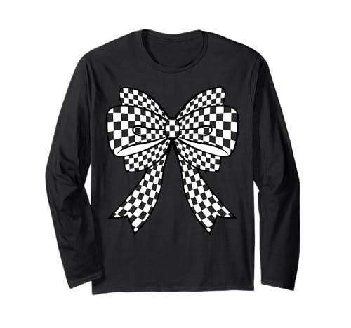 Kariertes Schachbrett Schwarz Weiß Muster Mädchen Kokette Schleife Langarmshirt von Womens Coquette Bow Checkerboard Pattern Gifts