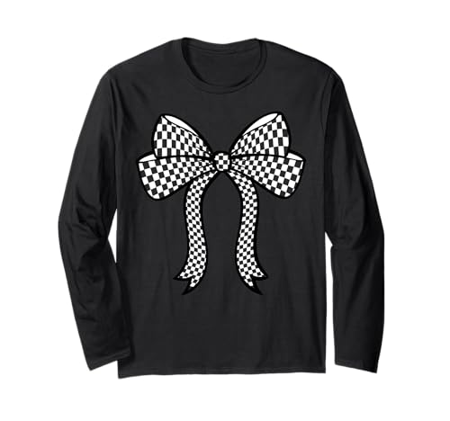 Kariertes Schachbrett Schwarz Weiß Muster Mädchen Kokette Schleife Langarmshirt von Womens Coquette Bow Checkerboard Pattern Gifts