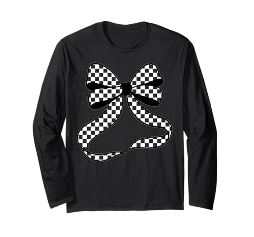 Kariertes Schachbrett Schwarz Weiß Muster Mädchen Kokette Schleife Langarmshirt von Womens Coquette Bow Checkerboard Pattern Gifts