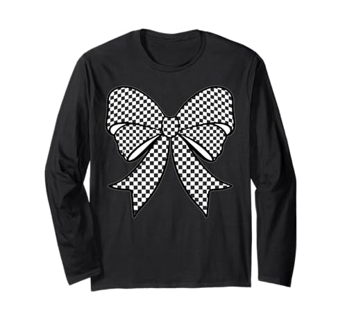 Kariertes Schachbrett Schwarz Weiß Muster Mädchen Kokette Schleife Langarmshirt von Womens Coquette Bow Checkerboard Pattern Gifts