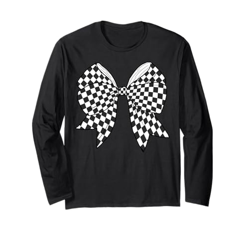 Kariertes Schachbrett Schwarz Weiß Muster Mädchen Kokette Schleife Langarmshirt von Womens Coquette Bow Checkerboard Pattern Gifts