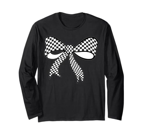 Kariertes Schachbrett Schwarz Weiß Muster Mädchen Kokette Schleife Langarmshirt von Womens Coquette Bow Checkerboard Pattern Gifts